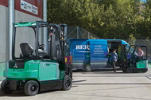 Türkisfarbener Gabelstapler und blauer Transporter vor einem Werkstattgebäude.
